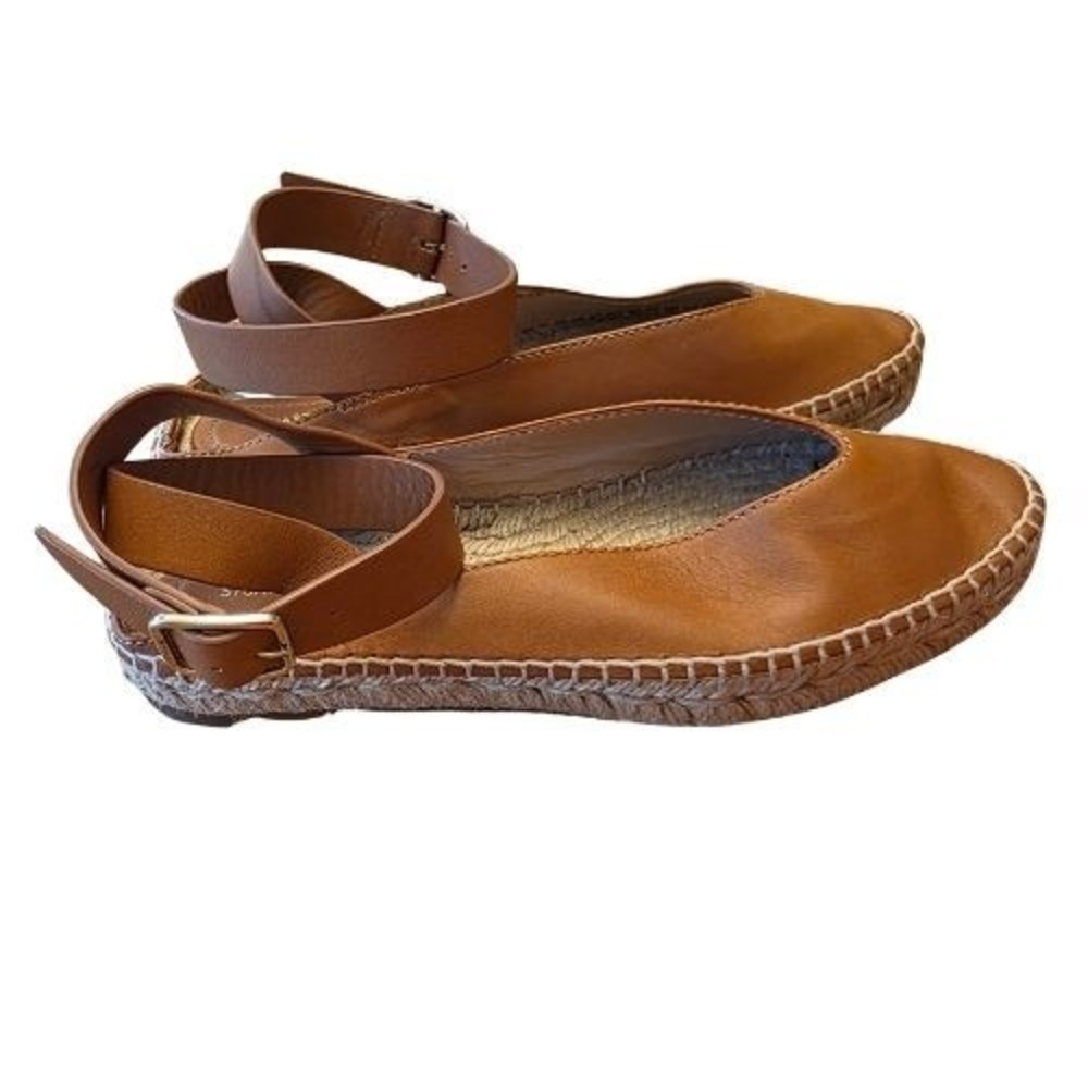 Stuart‎ Weitzman 5.5 Tan Leather Ankle Strap Espadrille Flats Boho Quiet Luxury